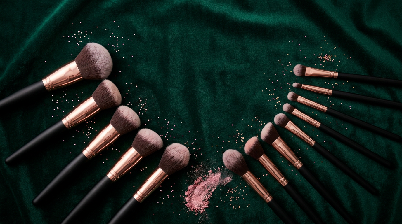 Makeup brushes fanned out on emerald velvet with glitter