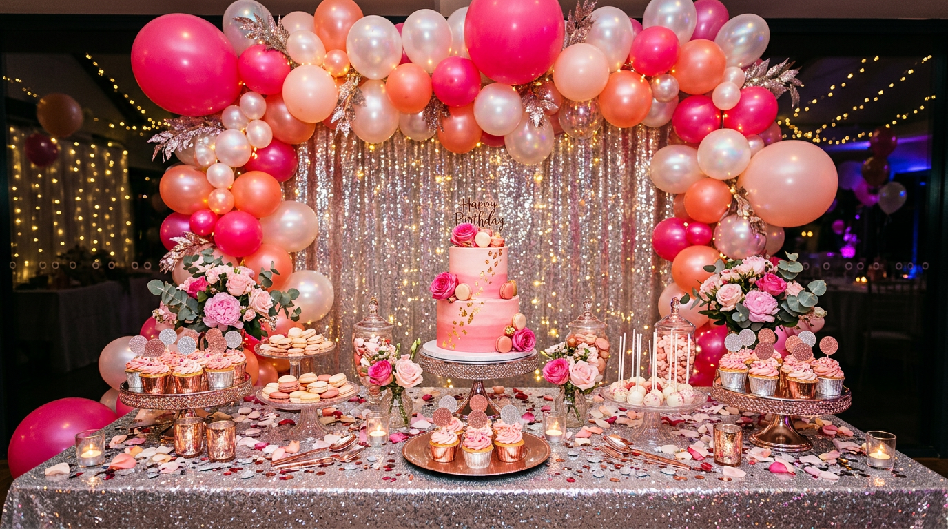 A party dessert table with a pink birthday cake under a pink and pearl balloon arch and silver glitter backdrop