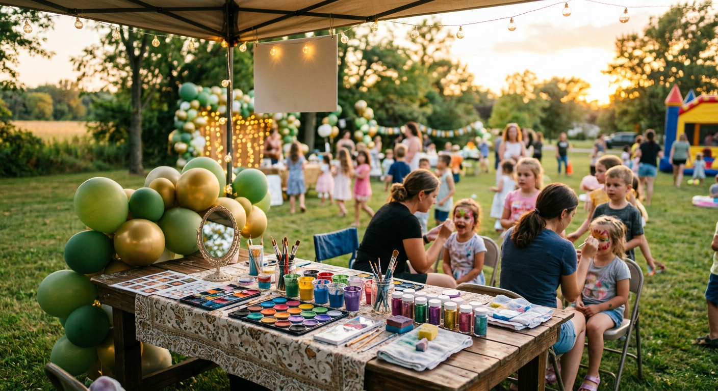 A face painting station at an outdoor party with green and gold balloons